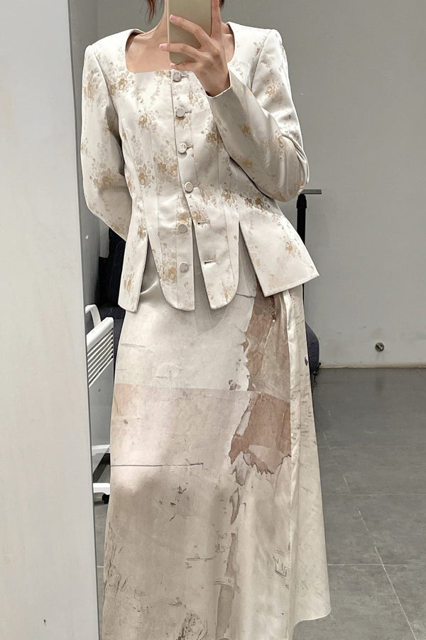 MING MA square neck jacquard suit SS21-JK06-BNJAC PMM3